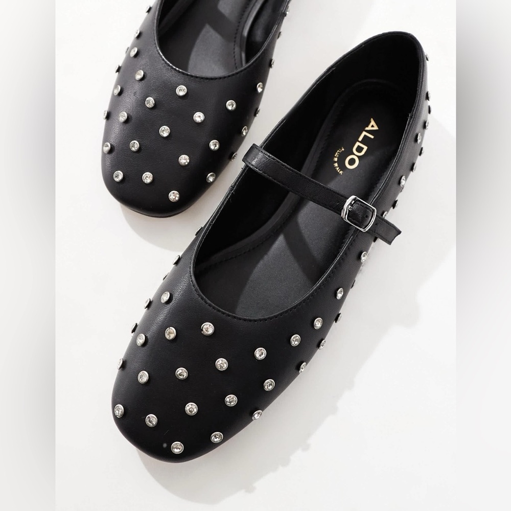ALDO Marylina Studded Ballet with Buckle in Black‎ Leather - Picture 2 of 8